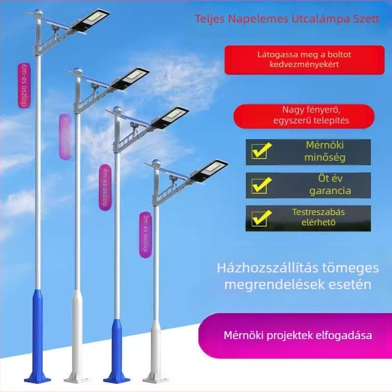 LED napelemes utcai lámpa integrált külső falikarral, IP65 vízálló útvilágítás, magasság 6 m, vidéki kertlámpa