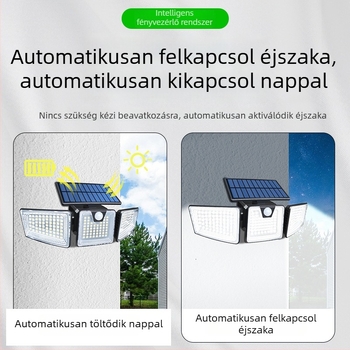Háromfejű napelemes LED falikar mozgásérzékelővel, kültéri udvarhoz, IP65, 5.5W