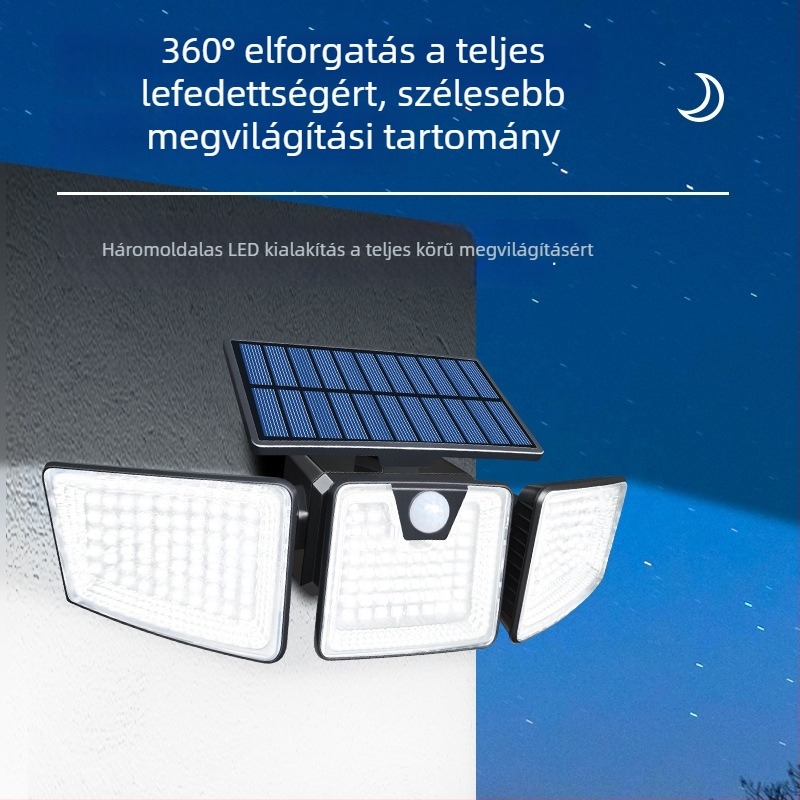 Háromfejű napelemes LED falikar mozgásérzékelővel, kültéri udvarhoz, IP65, 5.5W