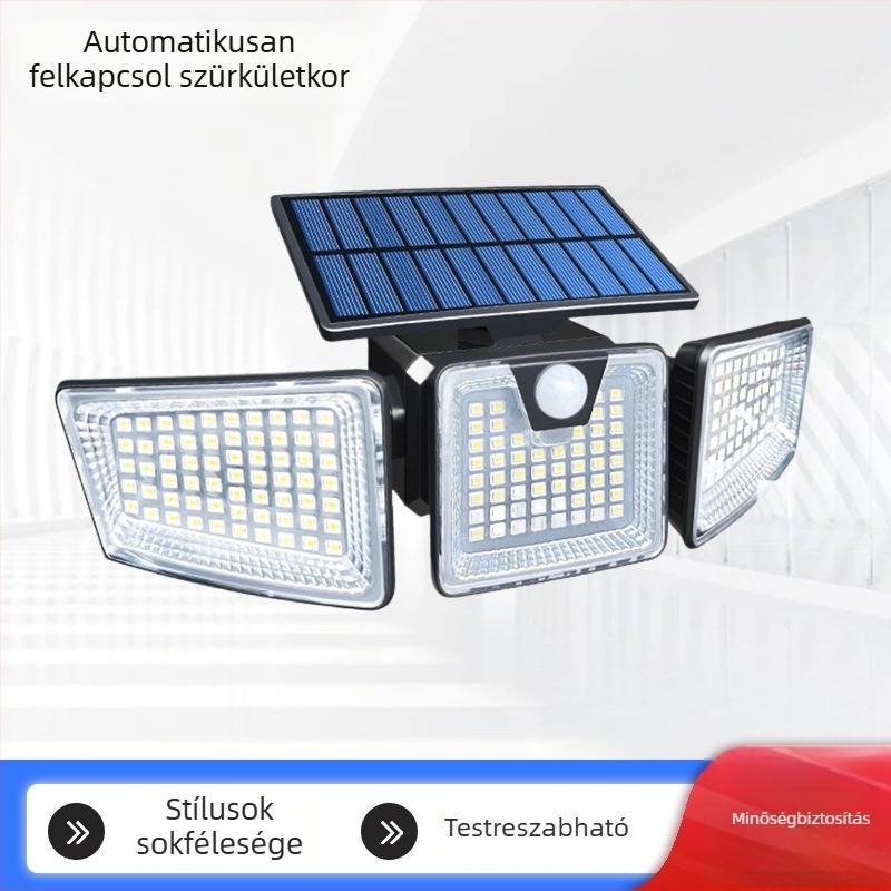 Háromfejű napelemes LED falikar mozgásérzékelővel, kültéri udvarhoz, IP65, 5.5W