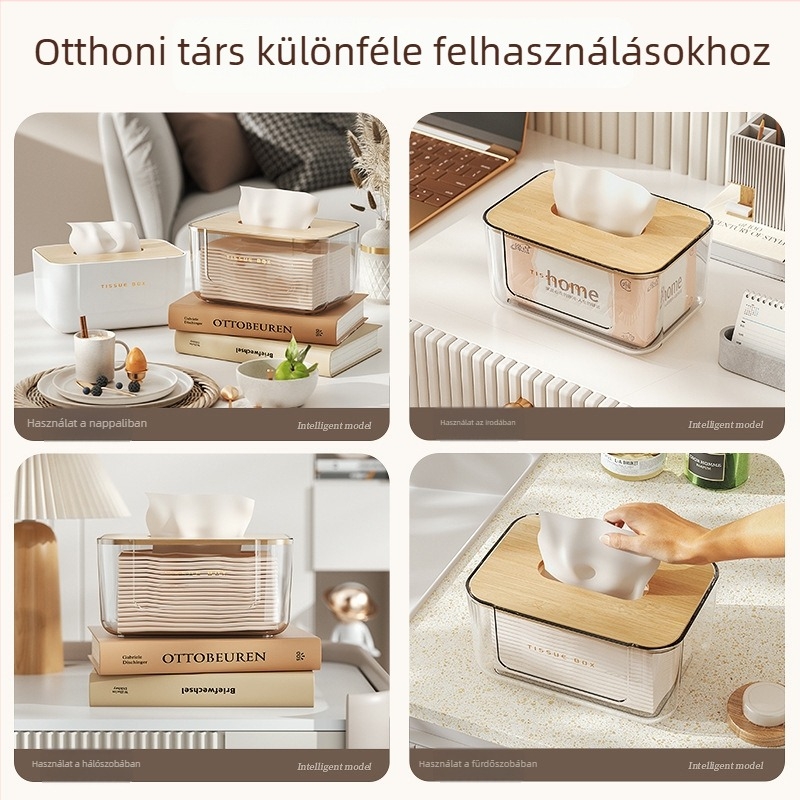 Átlátszó papírzsebkendő-doboz fa fedéllel, otthoni használatra (nappali, fürdőszoba)