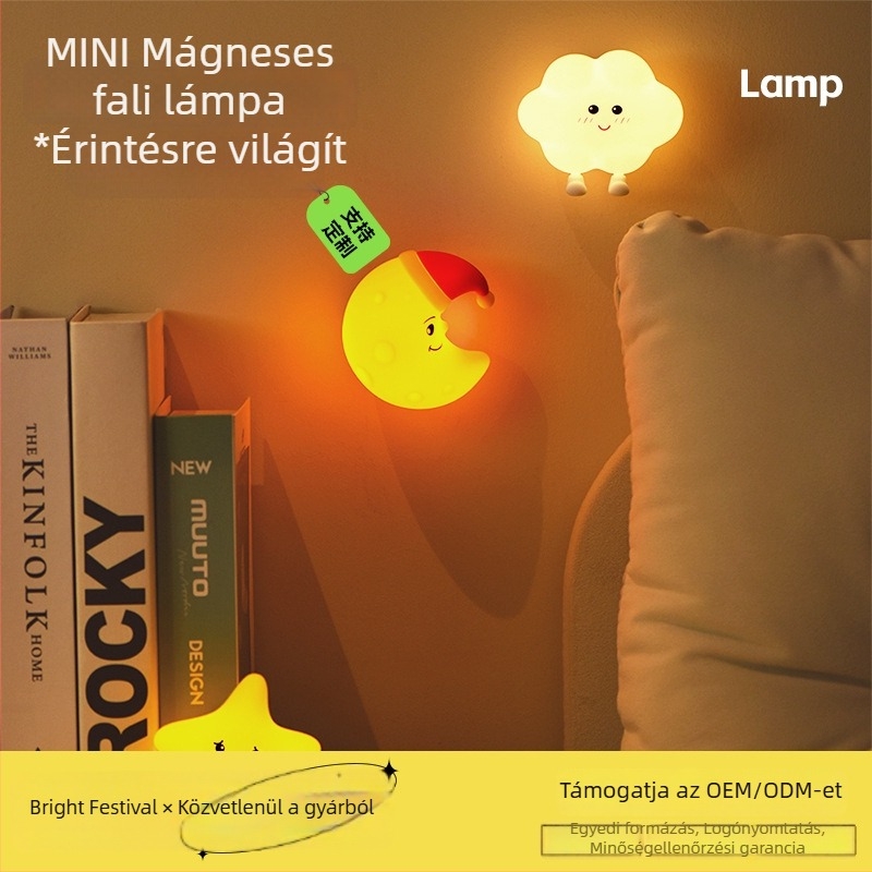 Mini mágneses éjszakai lámpa – hold, csillag és felhő motívummal – USB-s szilikon falra szerelhető lámpa, kollégiumi szobába, testreszabható
