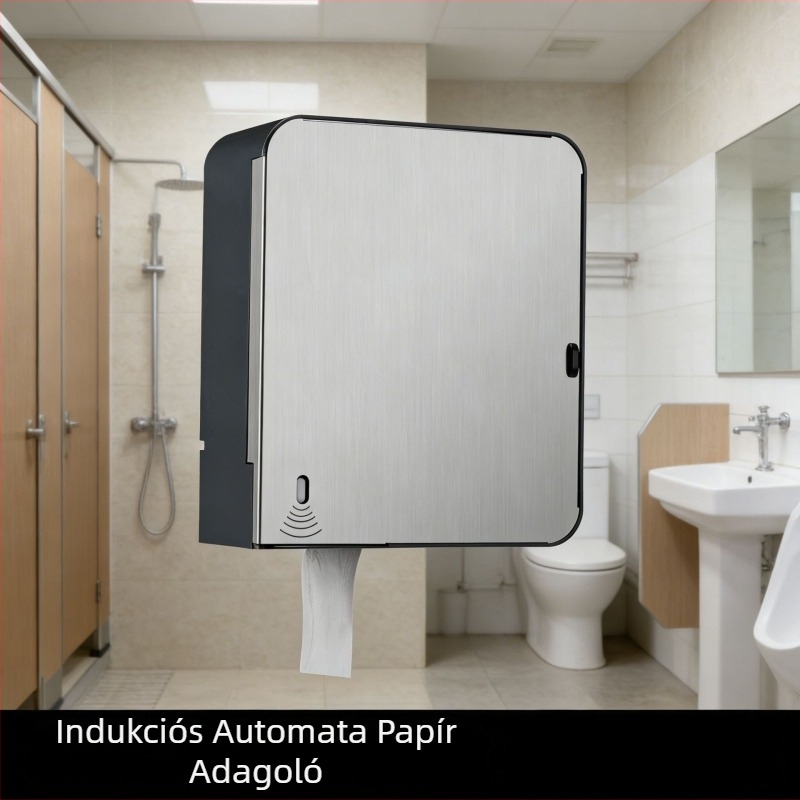 304 rozsdamentes acélból készült szenzoros WC-papír adagoló, négy fokozatban állítható, nagy tekercsekhez, falra szerelhető