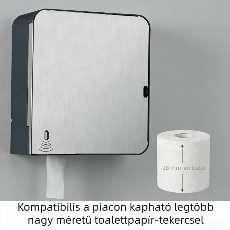 304 rozsdamentes acélból készült szenzoros WC-papír adagoló, négy fokozatban állítható, nagy tekercsekhez, falra szerelhető