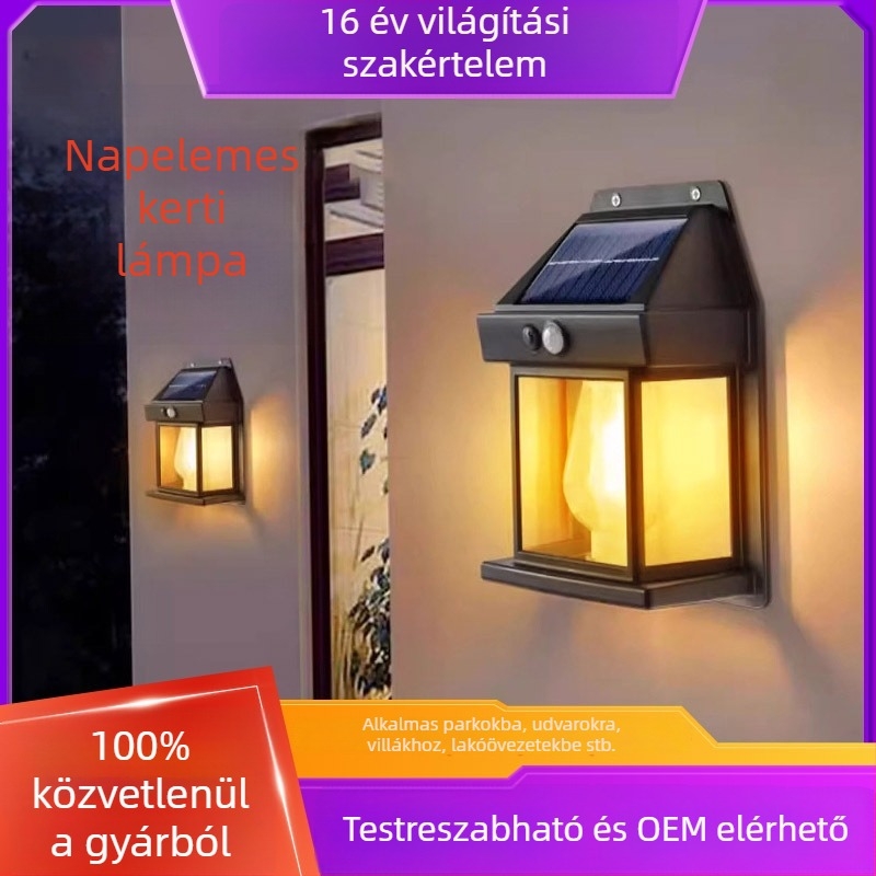 Kültéri vízálló napelemes falikar szenzorral a villa bejáratához, kert és terasz világításához