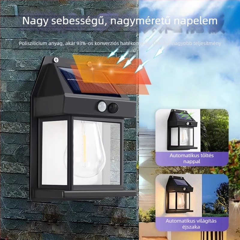 Kültéri vízálló napelemes falikar szenzorral a villa bejáratához, kert és terasz világításához