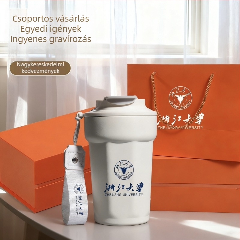 Nyolcszögletű termosz kávés pohár, belső 316 rozsdamentes acél, hordozó zsinórral, kültéri használatra