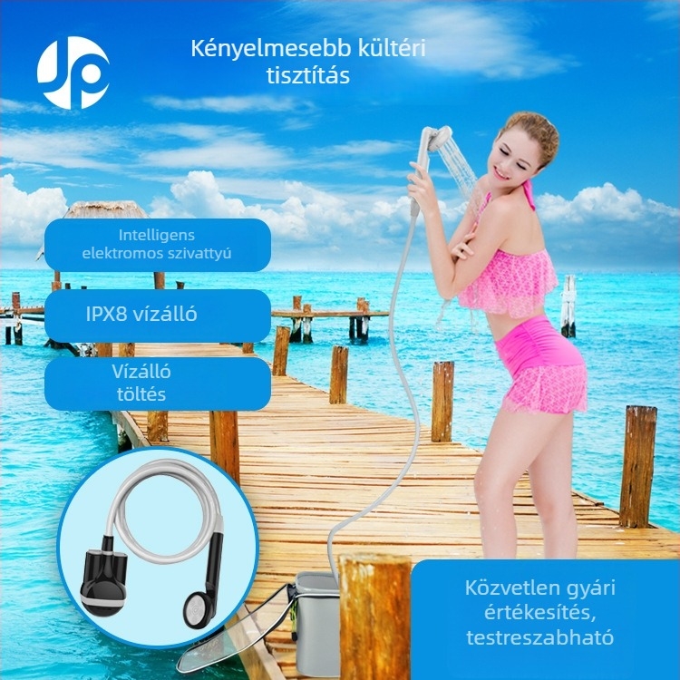 Kültéri hordozható zuhany kapcsolófejjel, kemping és kollégiumi használatra, beépített 2200mAh akkumulátor, 1,8 m PVC tömlő, ABS anyag