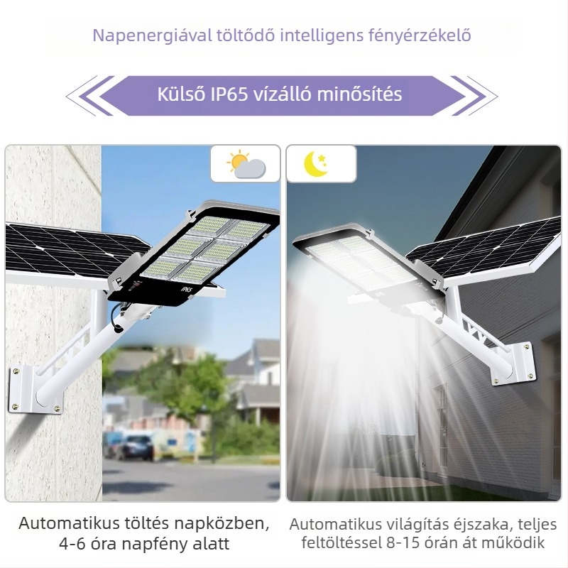Napelemes LED reflektor kültéri út- és közvilágításhoz, 6 m magas oszlop, vízálló, ultra-erős fény