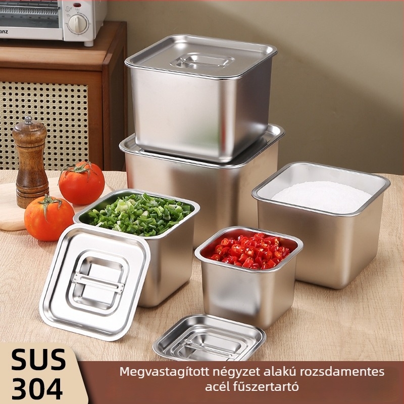 304 rozsdamentes acél négyszögletes fűszertartó, vastag falú és mély, fedéllel, kereskedelmi konyhákhoz