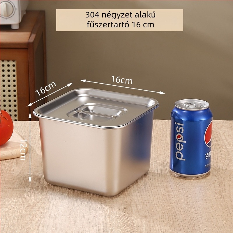 304 rozsdamentes acél négyszögletes fűszertartó, vastag falú és mély, fedéllel, kereskedelmi konyhákhoz