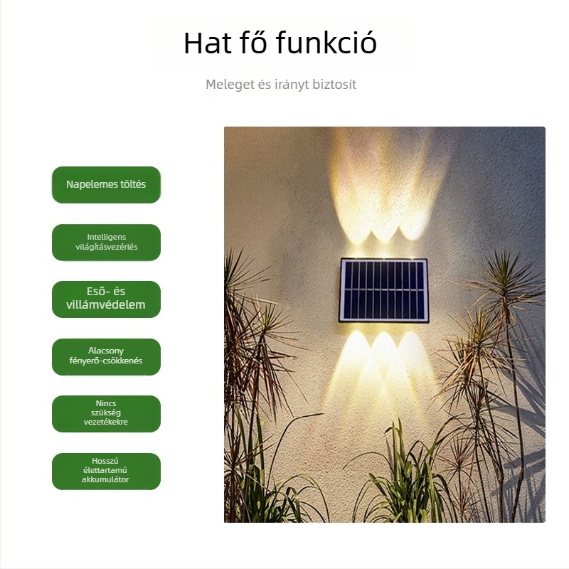 Napelemes kültéri falikar, IP65 vízálló, wall washer stílusú, felfelé és lefelé világító, LED