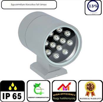 Kültéri egyfejű falikar kerthez, 6W/12W/18W, IP65, alumínium ház, 2700–6500K, 240 lm, nem dimmelhető