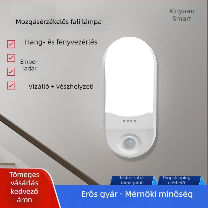 LED falikar folyosóhoz és lépcsőházhoz mozgásérzékelővel és radar alapú fény- és hangvezérléssel, falra szerelt vészvilágítás