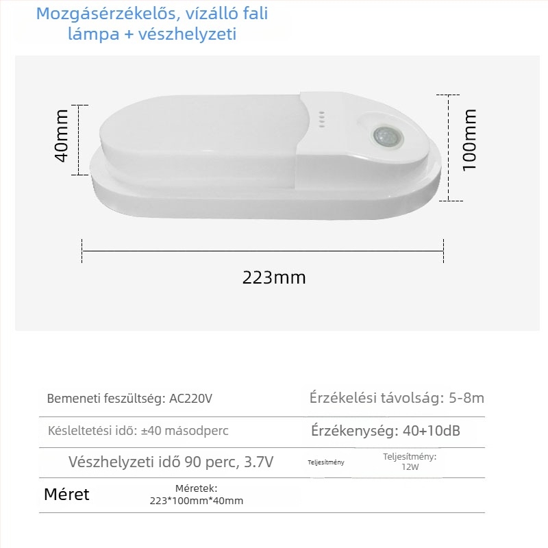 LED falikar folyosóhoz és lépcsőházhoz mozgásérzékelővel és radar alapú fény- és hangvezérléssel, falra szerelt vészvilágítás