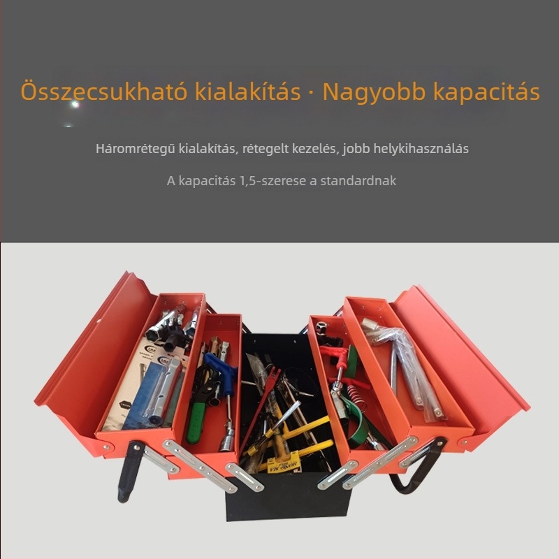 Hajtogatható acél szerszámtartó koffer autóban használható fiókos tárolóval
