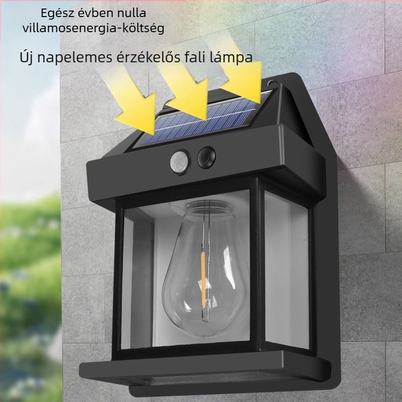 Kültéri napelemes falikar wolframszálas LED-del, IP65 vízálló, fényérzékelővel, kerthez és udvarhoz