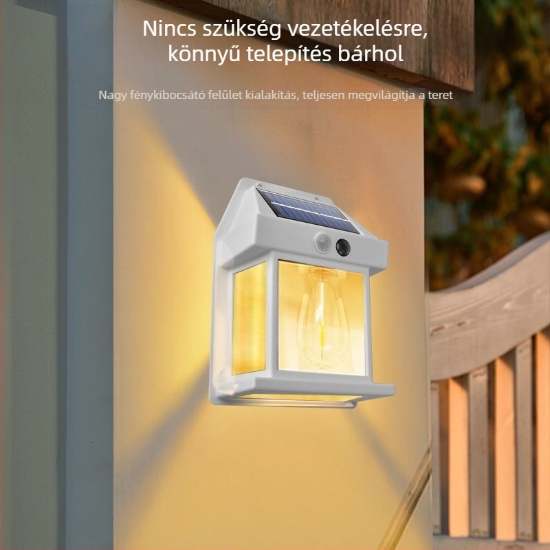 Kültéri napelemes falikar wolframszálas LED-del, IP65 vízálló, fényérzékelővel, kerthez és udvarhoz