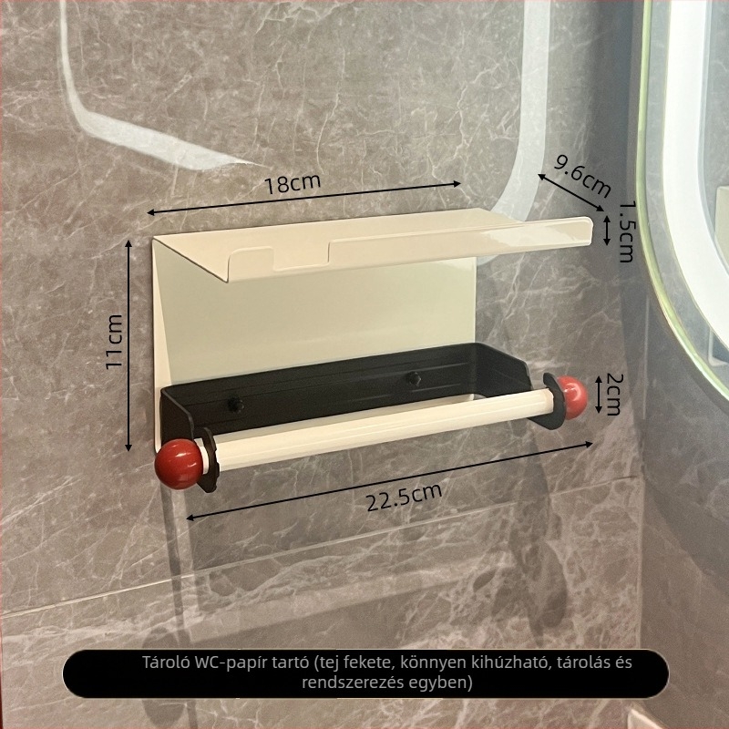 Fali WC-papírtartó és tároló, lyukasztás nélküli, modern négyzet alakú fürdőszobai rendező