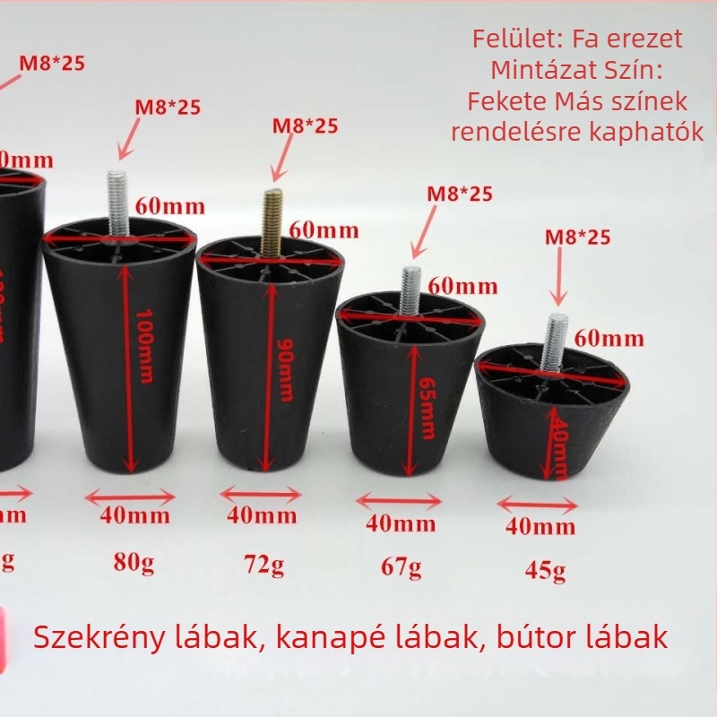 Kónikus műanyag kanapé lábak M8 csavarral, állítható magasságú bútorokhoz
