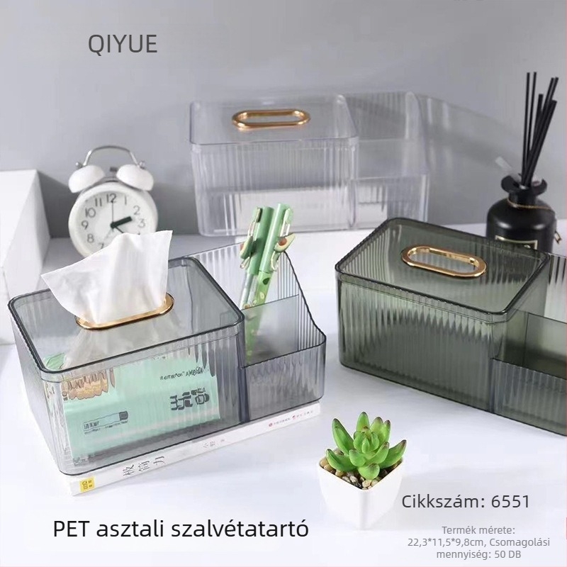 Nordic stílusú asztali sminktároló PET átlátszó fedéllel és bambusz zsebkendő tartóval, logó nyomtatása lehetséges