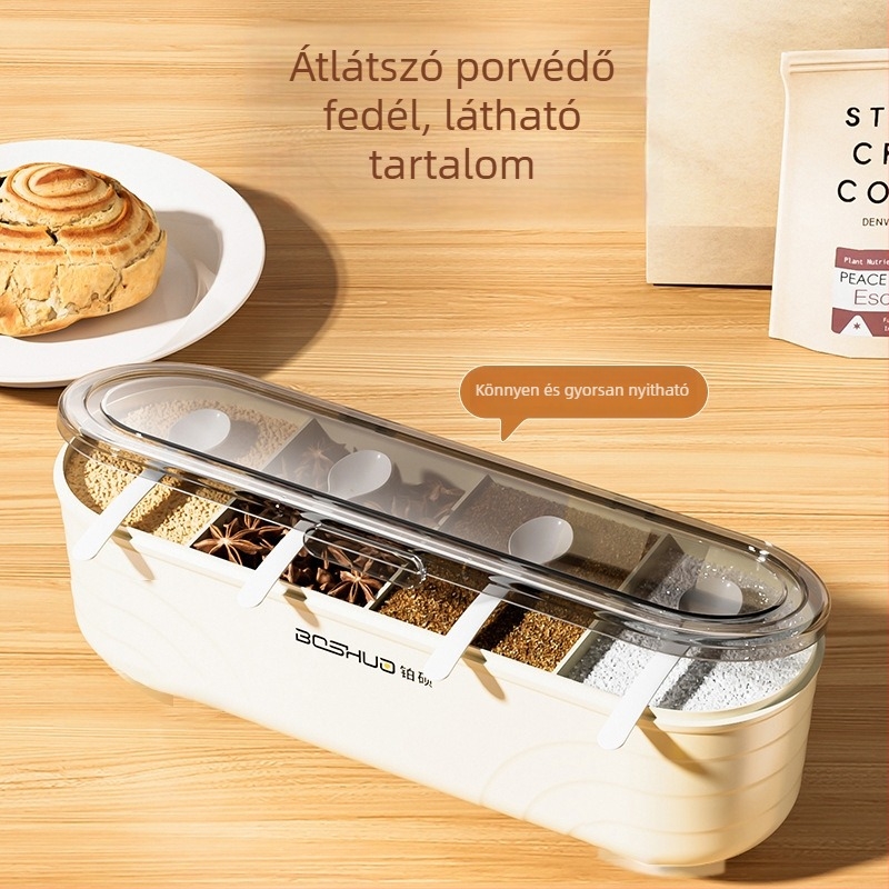 Konyhai fűszertartó doboz négy rekesszel és fedéllel, otthoni cukor, MSG, só és más fűszerek tárolására