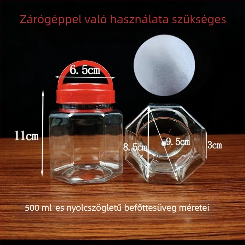 500 ml-es nyolcszögletű műanyag palack, élelmiszer-minőségű, körkörös fedéllel, savanyúságokhoz és penészes tofuhoz
