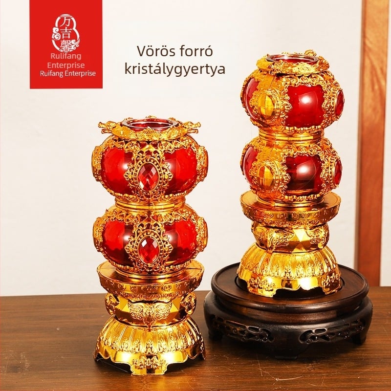 Otthoni buddhista kápolnához készült füstmentes vajlámpa, kristály adománylámpa szélvédett kivitelben, piros gyertyával az új évre.