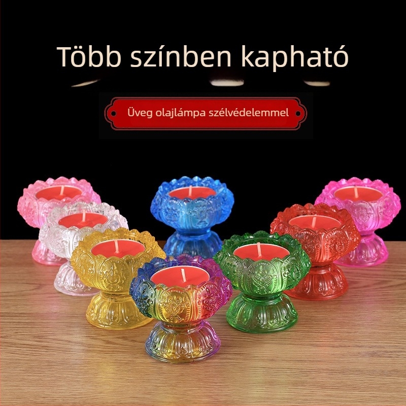 Színes üvegből készült vajlámpatartó otthoni használatra, Buddha oltár gyertyatartó, lótusz alakú talapzat
