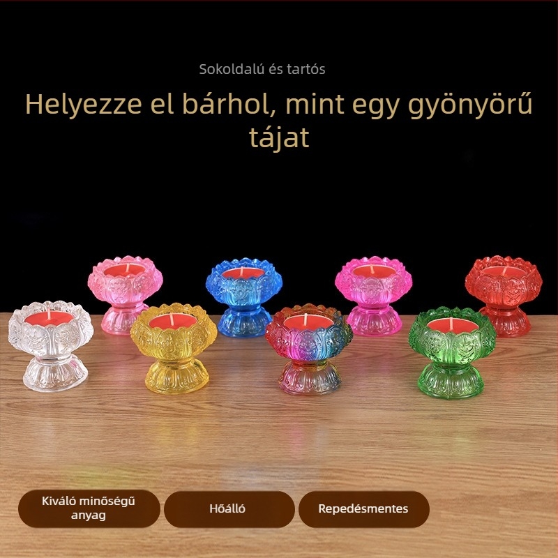 Színes üvegből készült vajlámpatartó otthoni használatra, Buddha oltár gyertyatartó, lótusz alakú talapzat