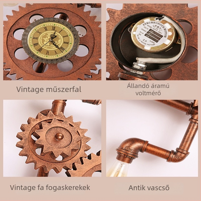 Amerikai retro fogaskerekes falikar ipari stílusú vízcső dizájnnal és órával