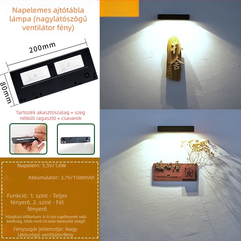 Napelemes ajtójelző lámpa kültéri falra – bejárat, udvar, kert, villa, érzékelős