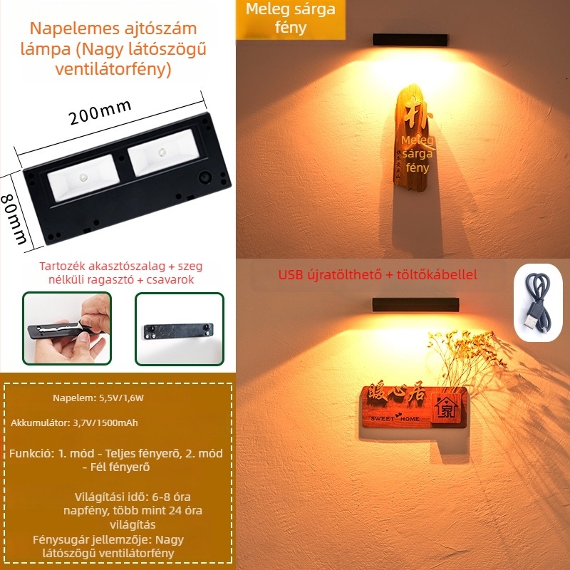 Napelemes ajtójelző lámpa kültéri falra – bejárat, udvar, kert, villa, érzékelős