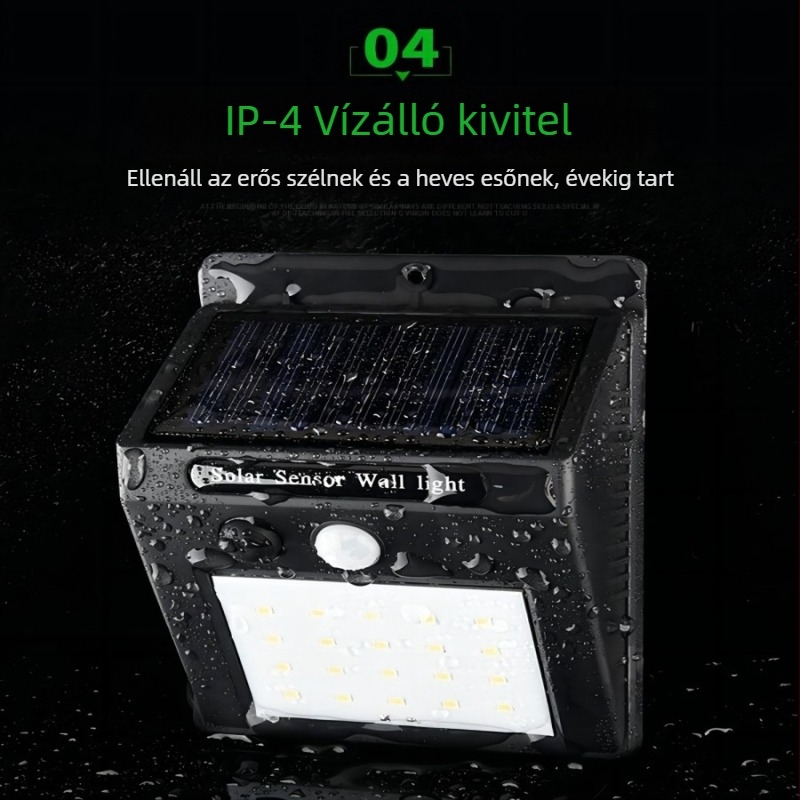 Napelemes falikar mozgásérzékelővel kültéri kerthez és kempingezéshez – 20–60 LED