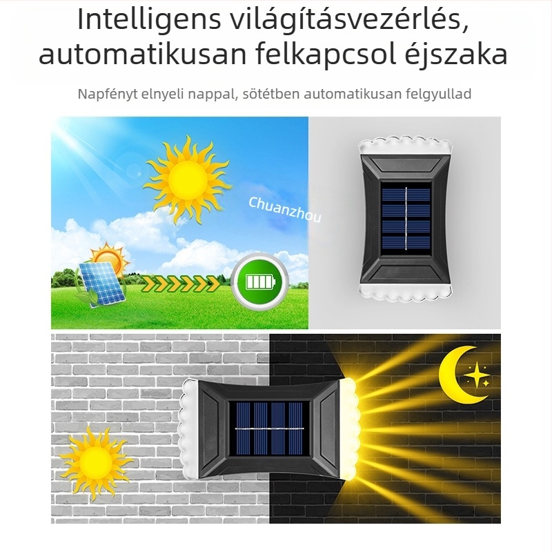 Napelemes kültéri díszítő falikar LED, vízálló, kerti szenzoros világítás