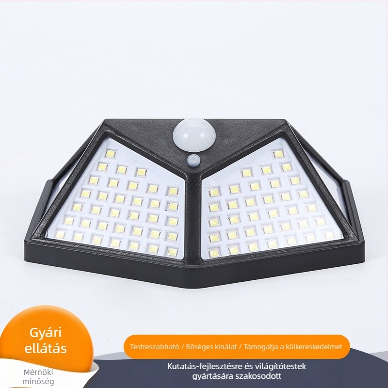 100 LED napelemes falikar mozgásérzékelővel, négyirányú világítással, intelligens töltő lámpa