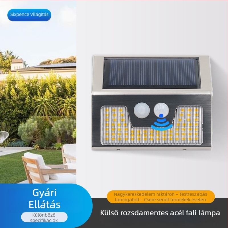 Kültéri LED lépcsőfény meleg fényű, rozsdamentes acél falikar, napelemes, esőálló