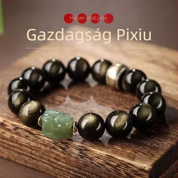 Uniszex Pixiu karkötő Hetian jade-vel, obsidián és arany színű gyöngyökkel, Buddhagyöngyök, ajándék
