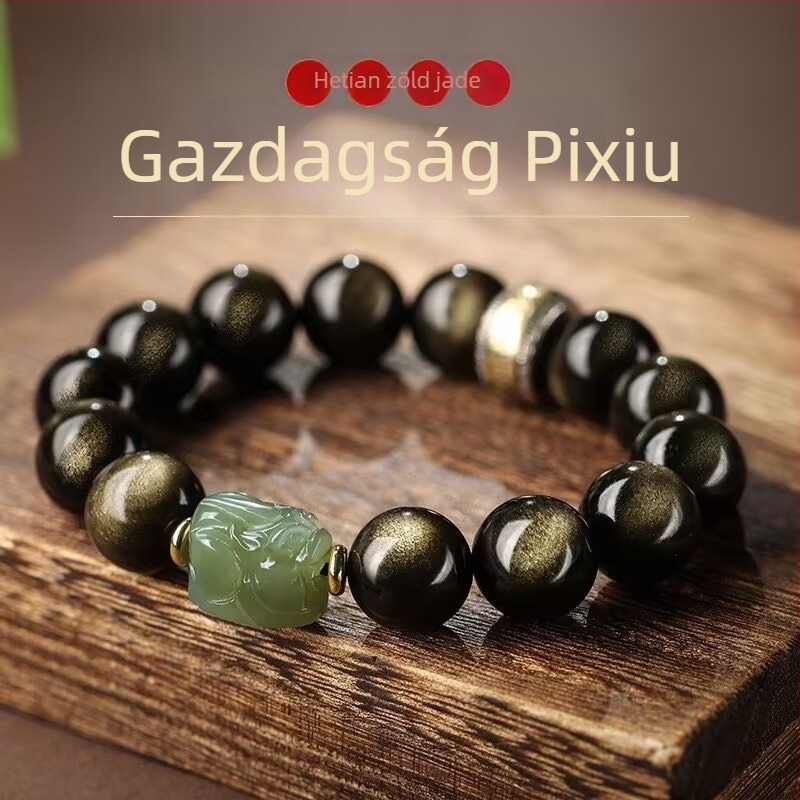 Uniszex Pixiu karkötő Hetian jade-vel, obsidián és arany színű gyöngyökkel, Buddhagyöngyök, ajándék