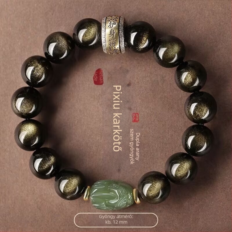 Uniszex Pixiu karkötő Hetian jade-vel, obsidián és arany színű gyöngyökkel, Buddhagyöngyök, ajándék
