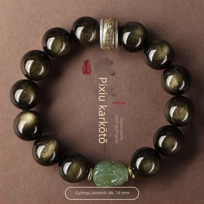 Uniszex Pixiu karkötő Hetian jade-vel, obsidián és arany színű gyöngyökkel, Buddhagyöngyök, ajándék
