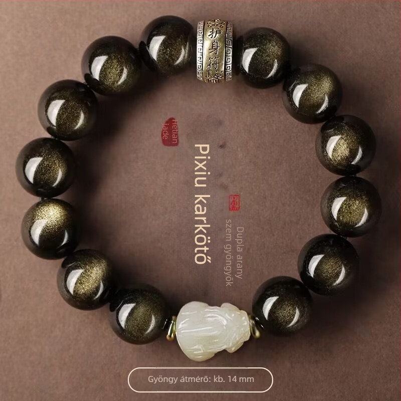 Uniszex Pixiu karkötő Hetian jade-vel, obsidián és arany színű gyöngyökkel, Buddhagyöngyök, ajándék