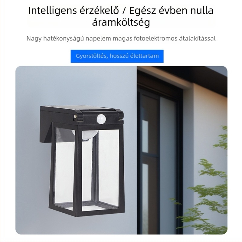 Napelemes kerti falikar, villa tájvilágítás, dekoratív falfény, automatikus bekapcsolás éjfél után