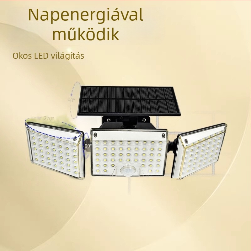 Napelemes kültéri falikar kerthez, IP65 vízálló, háromfejű LED lámpa villa