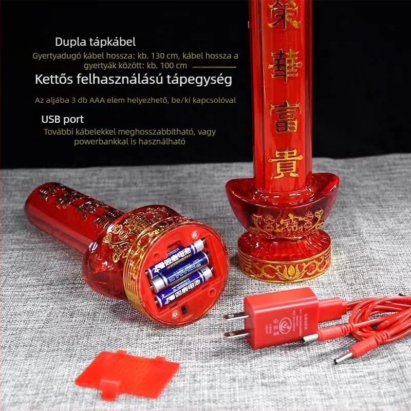 LED energiatakarékos gyertyatartó lámpa Pénzistennel és Buddhával, piros, hálózati csatlakozással, kettős használat