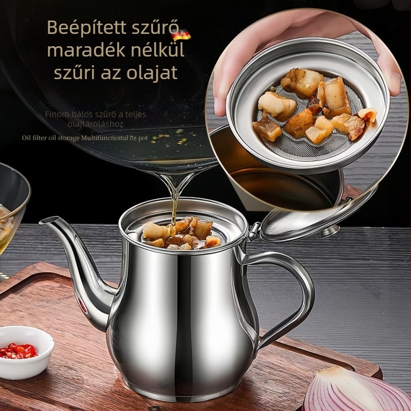 Rozsdamentes acél olajszűrő edény otthoni konyhához – szűrés és olajáram kontroll