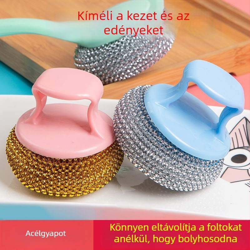 Erős edénytisztító ecset leválasztható, mosható acélgyapot golyóval és PET tisztító golyóval, tapadásmentes edényekhez