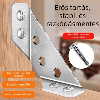 Rozsdamentes acél sarokcsatlakozó, trapéz alakú, 90°, háromoldalas rögzítés, megerősített anti-lengéscsatlakozó, szerelési csavarokkal
