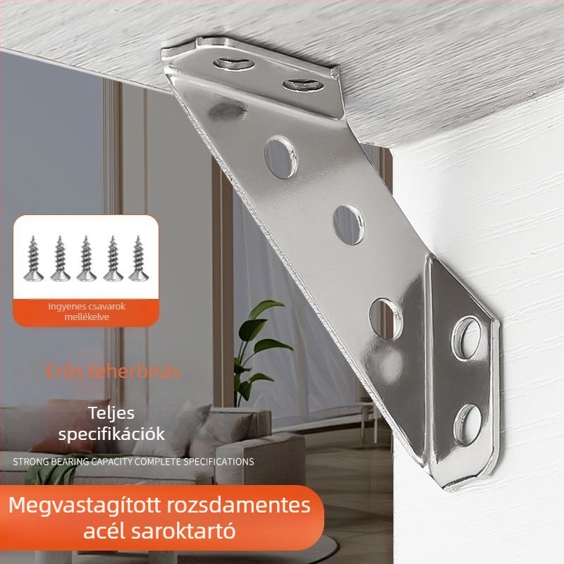 Rozsdamentes acél sarokcsatlakozó, trapéz alakú, 90°, háromoldalas rögzítés, megerősített anti-lengéscsatlakozó, szerelési csavarokkal