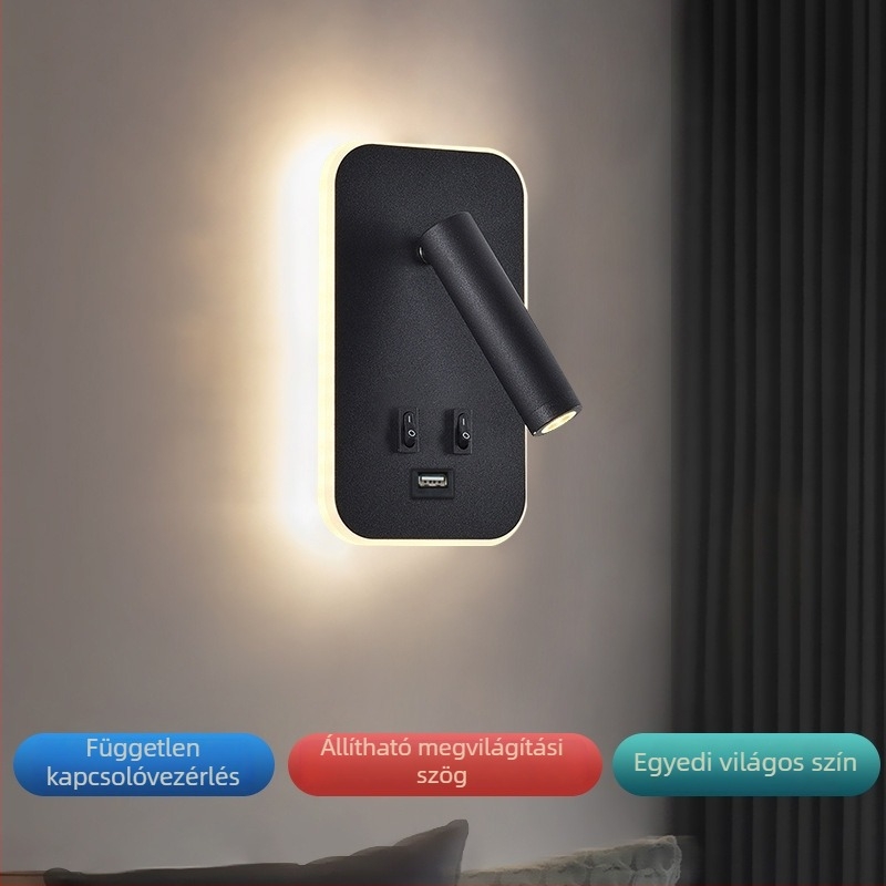 USB-töltéses falikar, minimalista skandináv stílusú, otthonra és szállodába, olvasólámpa a hálószobában